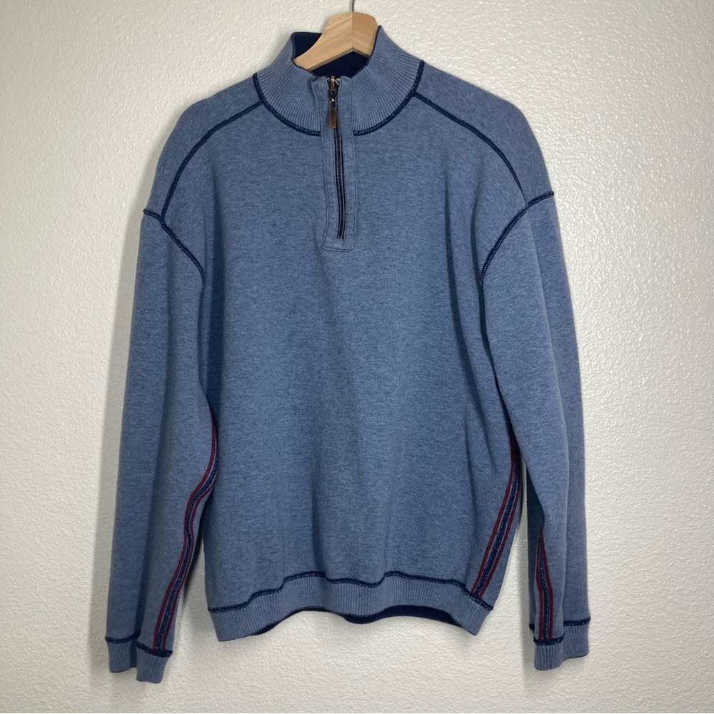 Tommy Bahama Mens Sweater Large Blue Half-Zip Red Stripes Cotton - Picture 4 of 13